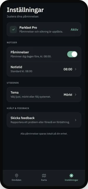 Samma inställningsvy i mörkt läge