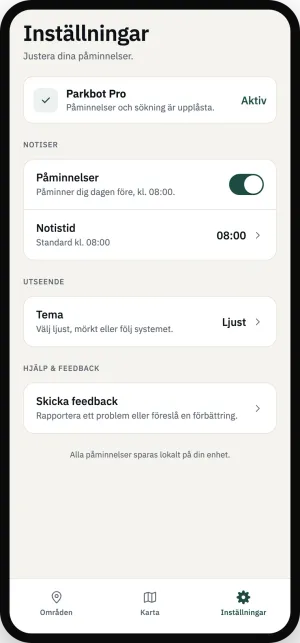 Städdag app: inställningar för när påminnelsen ska komma