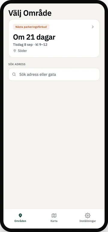 Parkbot-appen visar nästa parkeringsförbud i Söder: om 25 dagar, måndag 6 juli kl 9–12, med adressökning och en flik för Områden, Karta och Inställningar.