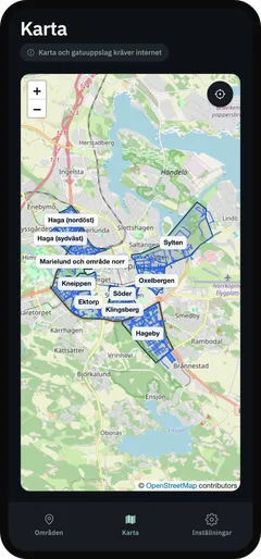 Parkbots karta över Norrköping med markerade parkeringszoner som Söder, Hageby och Klingsberg.