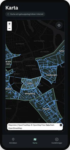 Parkbots karta över Norrköping med markerade parkeringszoner som Söder, Hageby och Klingsberg.