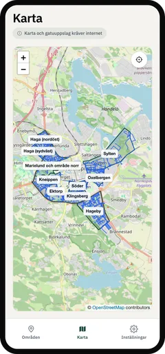 Parkbots karta över Norrköping med markerade parkeringszoner som Söder, Hageby och Klingsberg.
