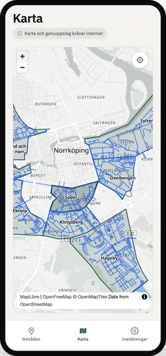 Parkbots karta över Norrköping med markerade parkeringszoner som Söder, Hageby och Klingsberg.