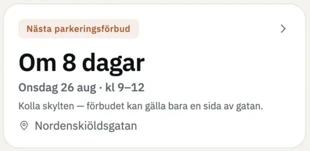 Parkbot visar hur många dagar det är kvar till nästa parkeringsförbud på en gata i Göteborg