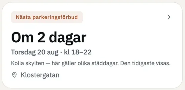 Parkbot visar hur många dagar det är kvar till nästa parkeringsförbud på en gata i Malmö
