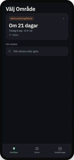 Områdesvyn i mörkt läge med nästa förbud och en sökruta för gata.
