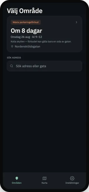 Parkbot-appen i mörkt läge med nästa förbud på en gata i Göteborg och en sökruta för adress.