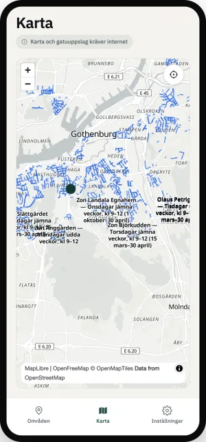 Parkbots karta över Göteborg där varje sopzon är markerad i blått, från Masthugget och Haga till Lunden och Örgryte.