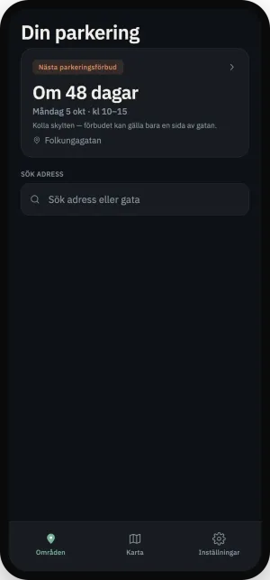 Parkbot-appen i mörkt läge med nästa servicedag på en gata i Linköping och en sökruta för adress.