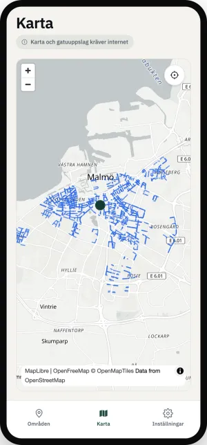 Parkbots karta över Malmö med gatorna som har miljöparkering markerade i blått.