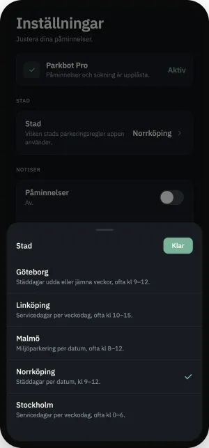 Stadväljaren i mörkt läge med de fem städerna och en kort beskrivning av varje stads regler.