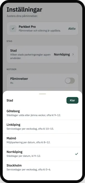 Städdagar per stad i Parkbot: stadväljaren med Göteborg, Linköping, Malmö, Norrköping och Stockholm, var och en med sin egen regel.