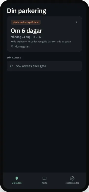 Parkbot-appen i mörkt läge med nästa städdag på Hornsgatan i Stockholm och en sökruta för adress eller gata.