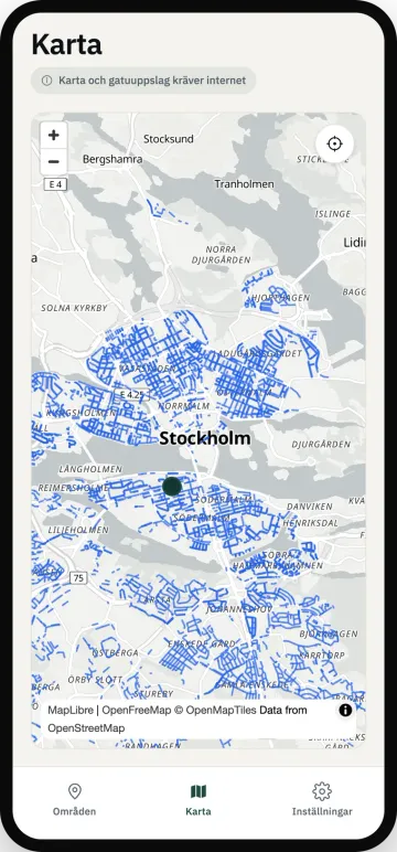 Parkbots karta över Stockholm där varje gata med servicedag är markerad i blått, från Vasastan och Östermalm ner till Enskede.